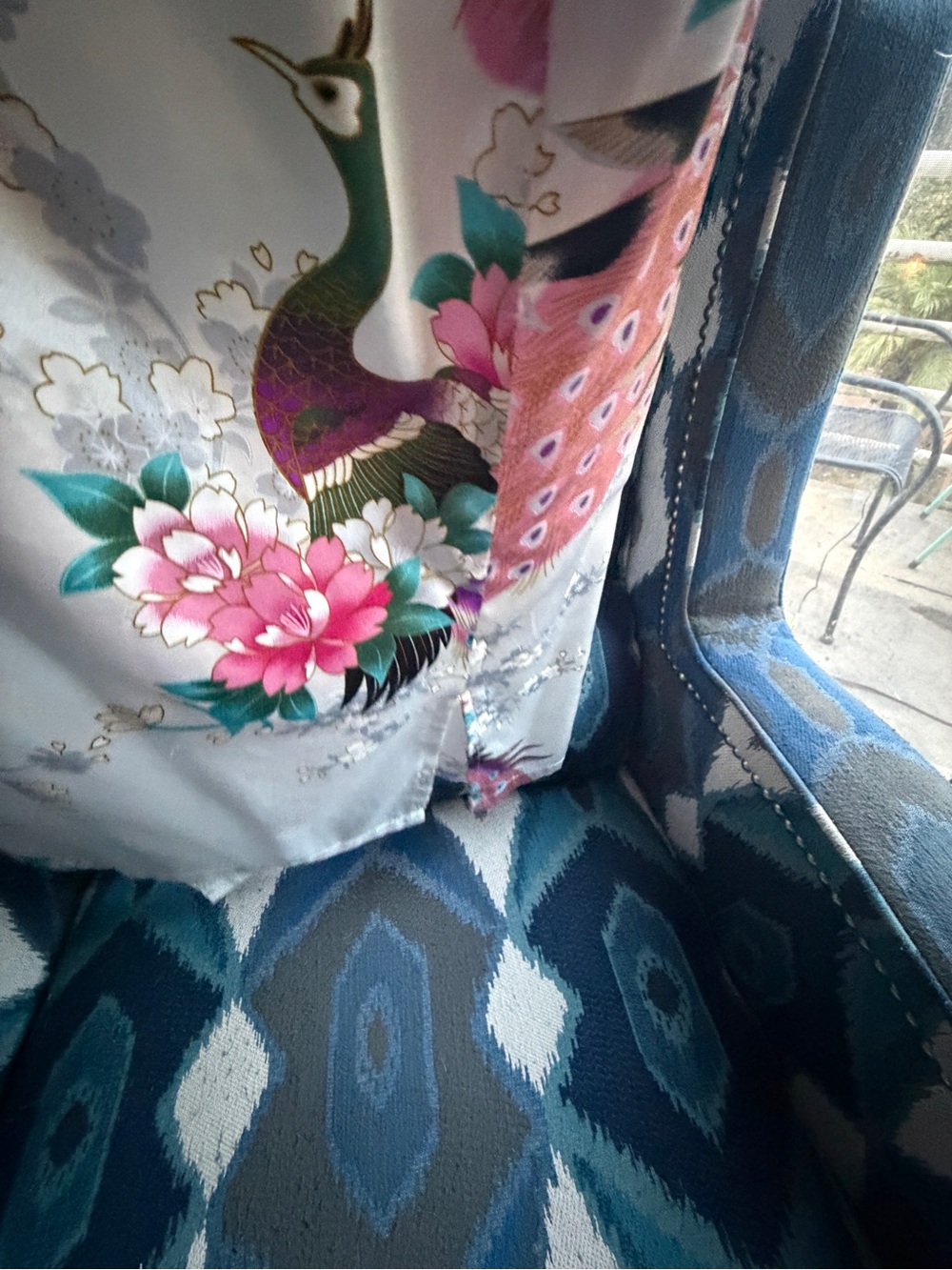 Silky Floral Peacock Kimono Robe - Cream with Pink & Teal - Picture 5 of 5